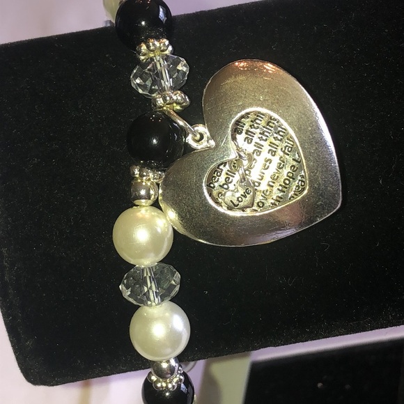 Silver Heart Pendant Bracelet with Black and White Beads - Picture 4 of 5